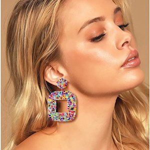 Oversized Multicolored Beads Dangle Post Earrings New Colorful Bohemian